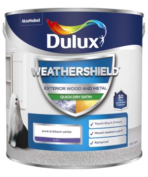 Dulux Weathershield Quick Dry Exterior Satin 2.5L Pure Brilliant White paint tin
