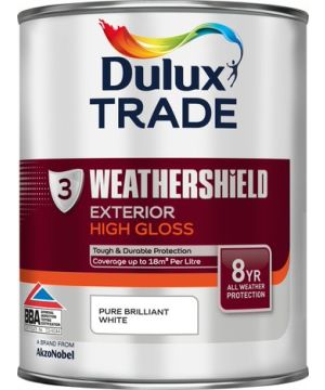 Dulux Trade Weathershield Exterior High Gloss 1L tin in Pure Brilliant White