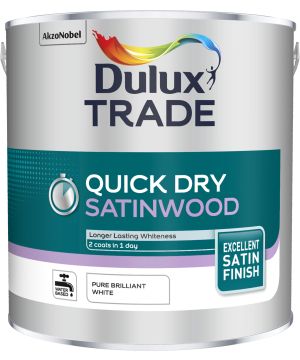 Dulux Trade Quick Dry Satinwood interior paint in Pure Brilliant White, 2.5L tin