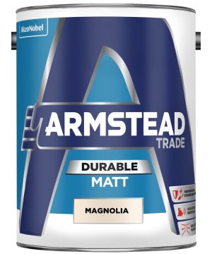 Armstead Trade Durable Matt Emulsion Magnolia 5L interior paint with a scrubbable matt finish