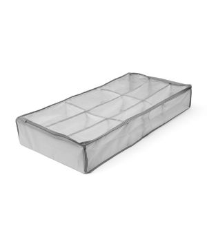 Addis Underbed Shoe Bag in grey, holds up to 9 pairs with a clear viewing window and pull-out handle
