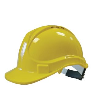 Scan Deluxe Safety Helmet in yellow with 380g weight, ratchet headband, and six-point harness