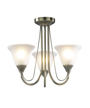 DAR BOS03 Boston 3lt Semi Flush Ceiling Light in antique brass with opal glass shades
