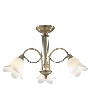 DAR Lighting Doublet 3lt Semi Flush Ceiling Light in antique brass and white alabaster glass