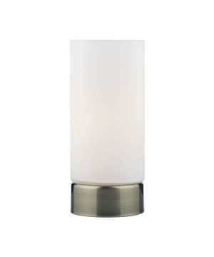 DAR Owe4075 Owen Touch Round Glass Table Lamp in Antique Brass and White Opal Glass