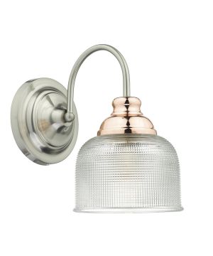 DAR Lighting Wharfdale Wall Light WHA0746 in satin chrome and copper with prismatic glass