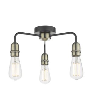 DAR Lighting KIE5322 Kiefer 3lt Flush Ceiling Light in Matt Black and Antique Brass