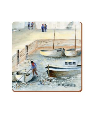 Creative Tops Cornish Harbour Premium Coasters pack of 6, pale blue and cream seaside town design, 10.5x10.5x0.5cm