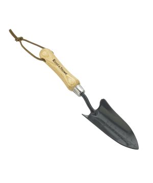 Kent & Stowe carbon steel hand transplanting trowel with 325mm length, ash wood handle and depth gauge