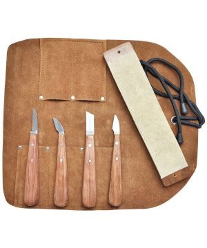 Beber BEBKIT2 Chip Carving 4 Piece Set with Leather Strop in a Leather Tool Roll