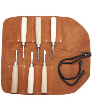 Beber BEBKIT3 Mini Carving 6 Piece Set in Leather Tool Roll with 1095 high carbon tool steel blades and beech handles