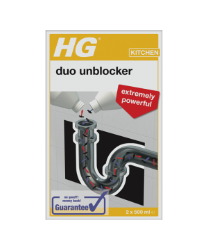 HG Duo Unblocker 2 x 500ml cleaning product with red and purple bottles