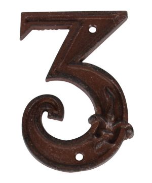 Fallen Fruits DB62-3 Cast Iron House Number 3 measuring 8 x 1.2 x 11.6 cm with fleur-de-lis motif