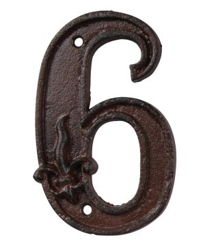 Fallen Fruits DB62-6 cast iron house number six measuring 7.9 x 1.2 x 12.4 cm with fleur-de-lis motif