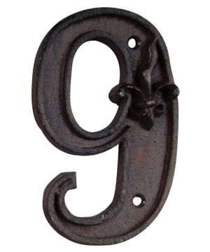 Fallen Fruits DB62-9 Cast Iron House Number 9 with fleur-de-lis motif, 7.7 x 1.1 x 12 cm