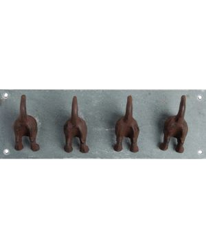 Fallen Fruits LH151 Dog Tail Hooks, 30cm wide rectangle slate wall plate with four cast iron dog tail hooks