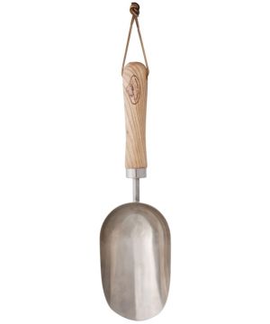 Fallen Fruits GT61 stainless steel compost scoop with high edges and leather hanging loop