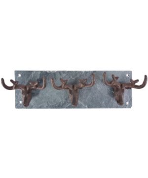 Fallen Fruits LH184 Cast Iron Stag Antler Hooks & Slate Wall Plate, 32.7 x 7.2 x 10.5 cm