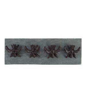 Fallen Fruits BEE011 4 Bee Hanger, wall-mounted cast iron hooks on a slate plate, 29.7x4.7x10.2 cm