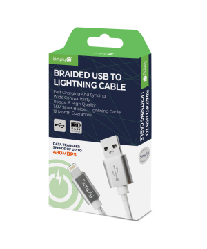Simply ICIP06 Braided USB to Lightning 1.5m Cable in Silver