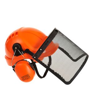 Portwest PW98 Forestry Combi Kit with helmet, ear muffs, and mesh visor in orange