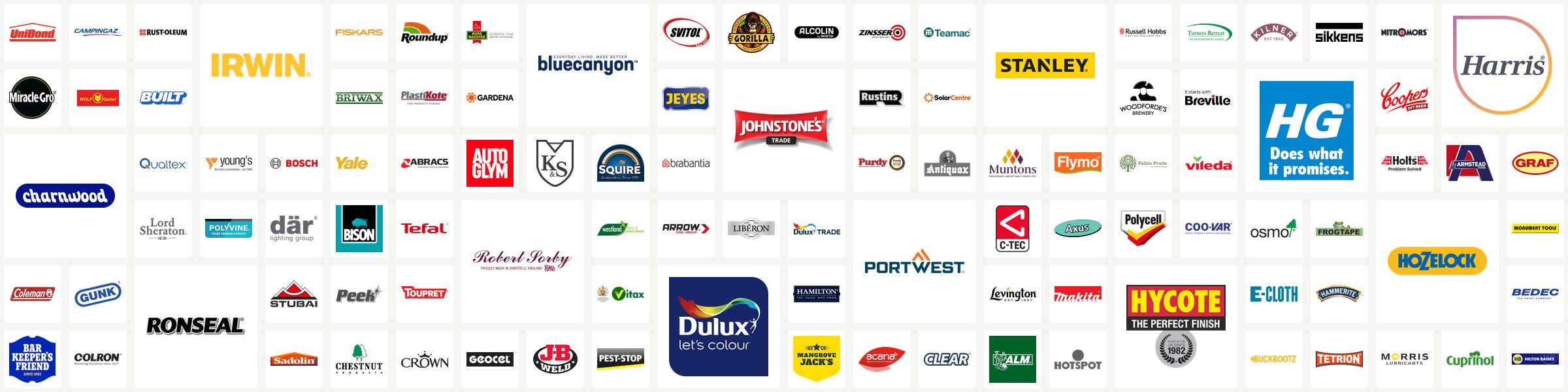 Logos of the brands we stock, including Irwin, Stanley, Dulux, Ronseal, Hozelock and Hycote